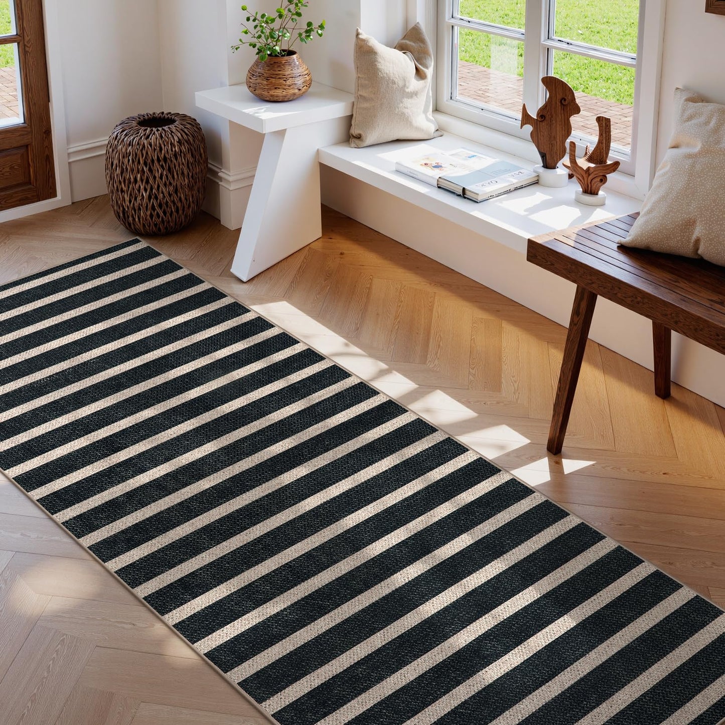 Lahome Elance Striped Easy Jute Runner Rug, 2x8 Kitchen Rug Non Slip Washable Outdoor Runner for Entryway Indoor, Farmhouse Black Indoor Outdoor Carpet for Hallway 8ft Entry