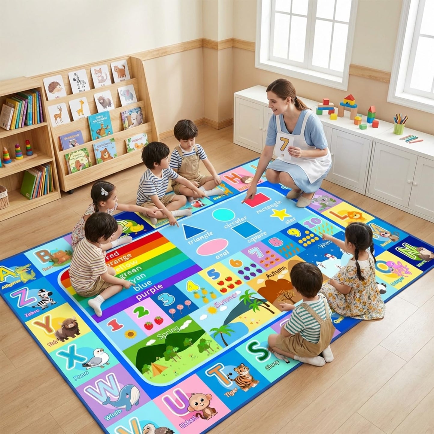 OGPJKEQR ABC Rugs for Kids Playroom Classroom, 4.5x6 Ft Educational Alphabet Rug with Numbers Animals Seasons Fruits, Non-Slip Washable Soft ABC Mat for Nursery Bedroom Boys Girls, Blue