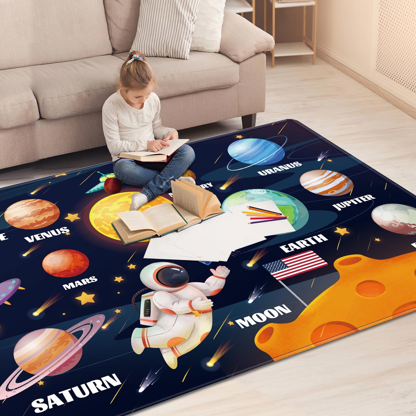 LTKOUGFAM Kids Play Rug for Playroom, Outer Space Rug Solar System Educational Rug Kid Baby Floor Mat, Kids Play Carpet for Children Bedroom Classroom (78.7X59 in, Planet 1)