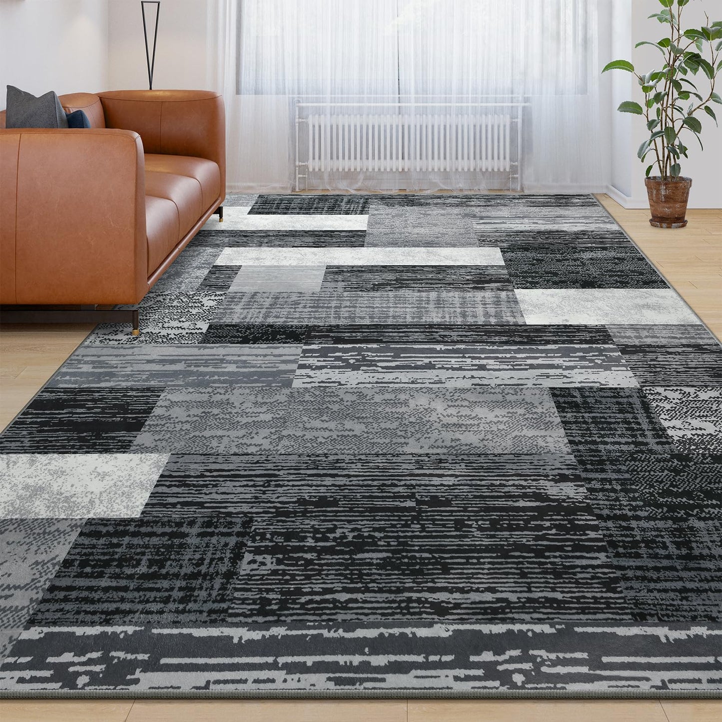 Large Area Rugs,Modern Geometric Patchwork Floor Decor for Bedroom Aesthetic Carpet, Rockwood Collection, Indoor Rugs for Living Room, Dining Room, Nursery, Office, Machine Washable Rug,5x8 Ft Grey