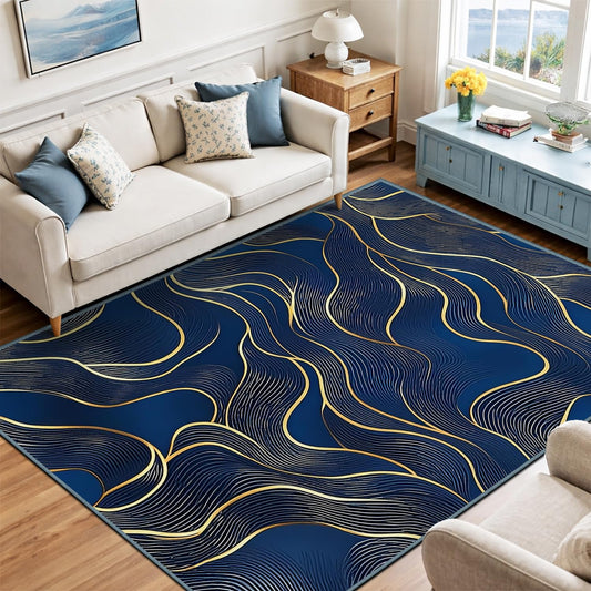 8x10 Area Rug Blue Gold Modern Rug for Living Room Indoor Machine Washable Abstract Rugs for Bedroom Ultra Soft Dining Room Large Carpet Non-Slip Non-Shedding Throw Rug for Home Office