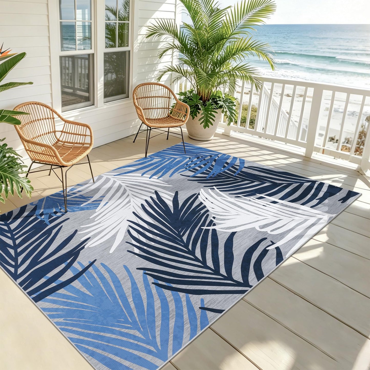 Pauwer Indoor Outdoor Area Rugs 5x7, Washbale Outdoor Patio Rug, Blue White