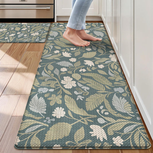 Warmstar Anti Fatigue Kitchen Mat Set of 2,Vintage Floral Kitchen Rugs, Waterproof Cushioned Kitchen Floor Mat,Non-Slip Kitchen Standing Mat for Sink, Laundry Room,17.3"x30"+17.3"x47",Green
