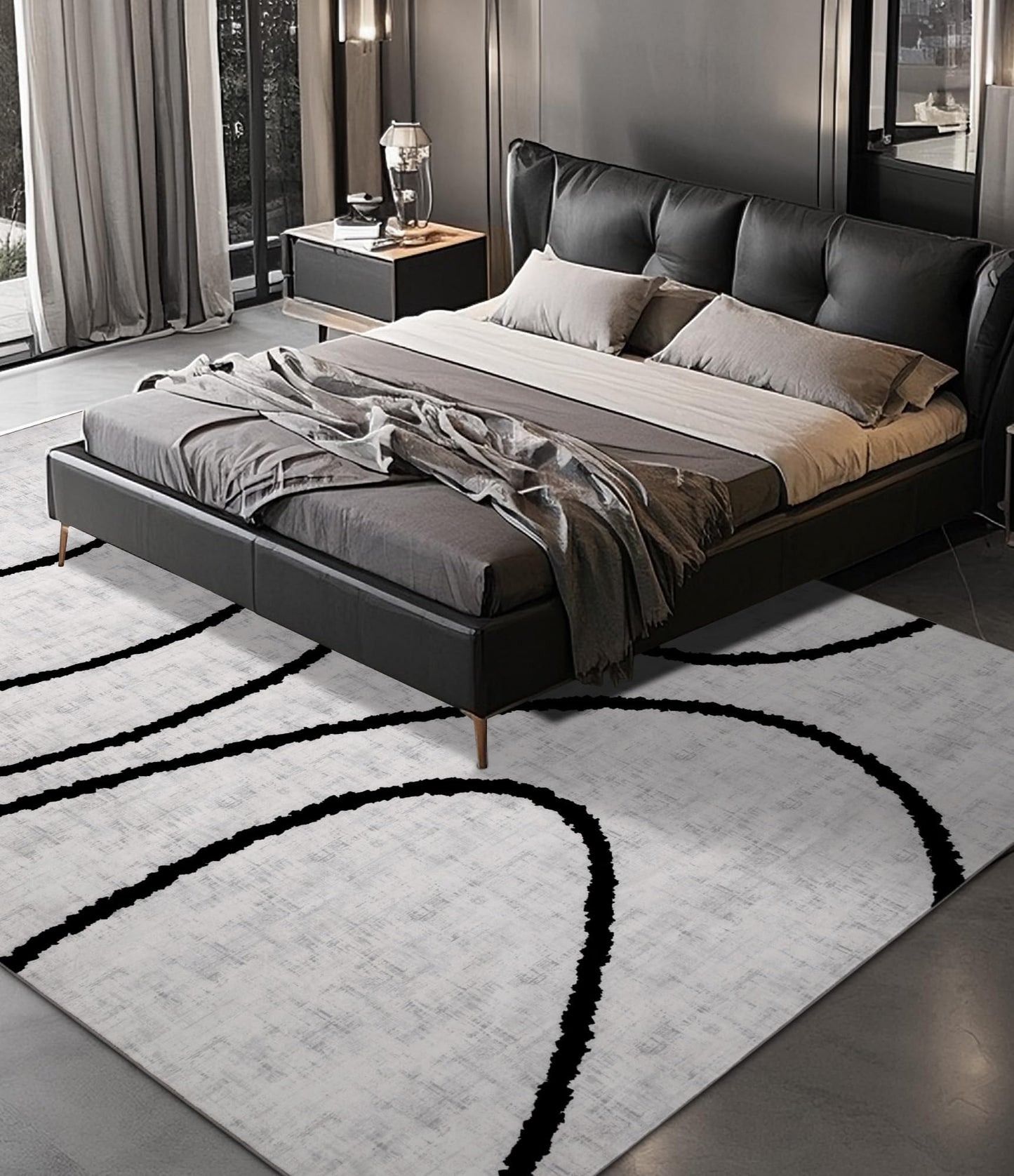 YIHOUSE Black Modern Area Rug 6x9,Abstract Rugs for Bedroom,Black and White Geometric Rug,Minimalist Striped Rug,Dark Washable Area Rugs 5x7 Non Slip Rugs for Living Room，Office