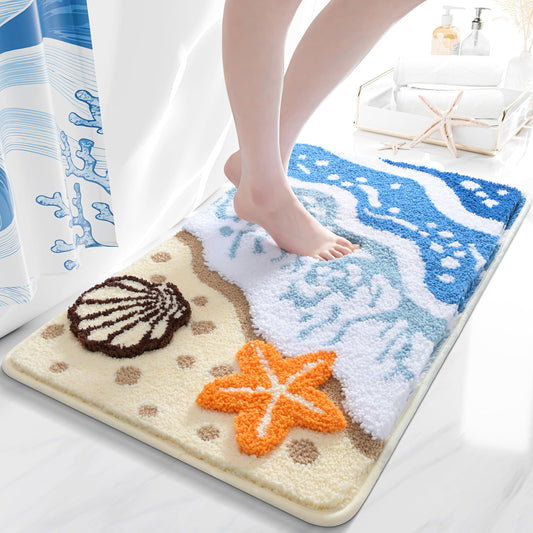 QJHOMO Coastal Bathroom Rugs Beach Ocean Wave Bath Mat Nautical Rug, Cute Colorful Bath Rug 3D Starfish Shell Beachy Theme Bathroom Decor, Soft Microfiber Carpet Non Slip Washable Bathmat(20x32 inch)