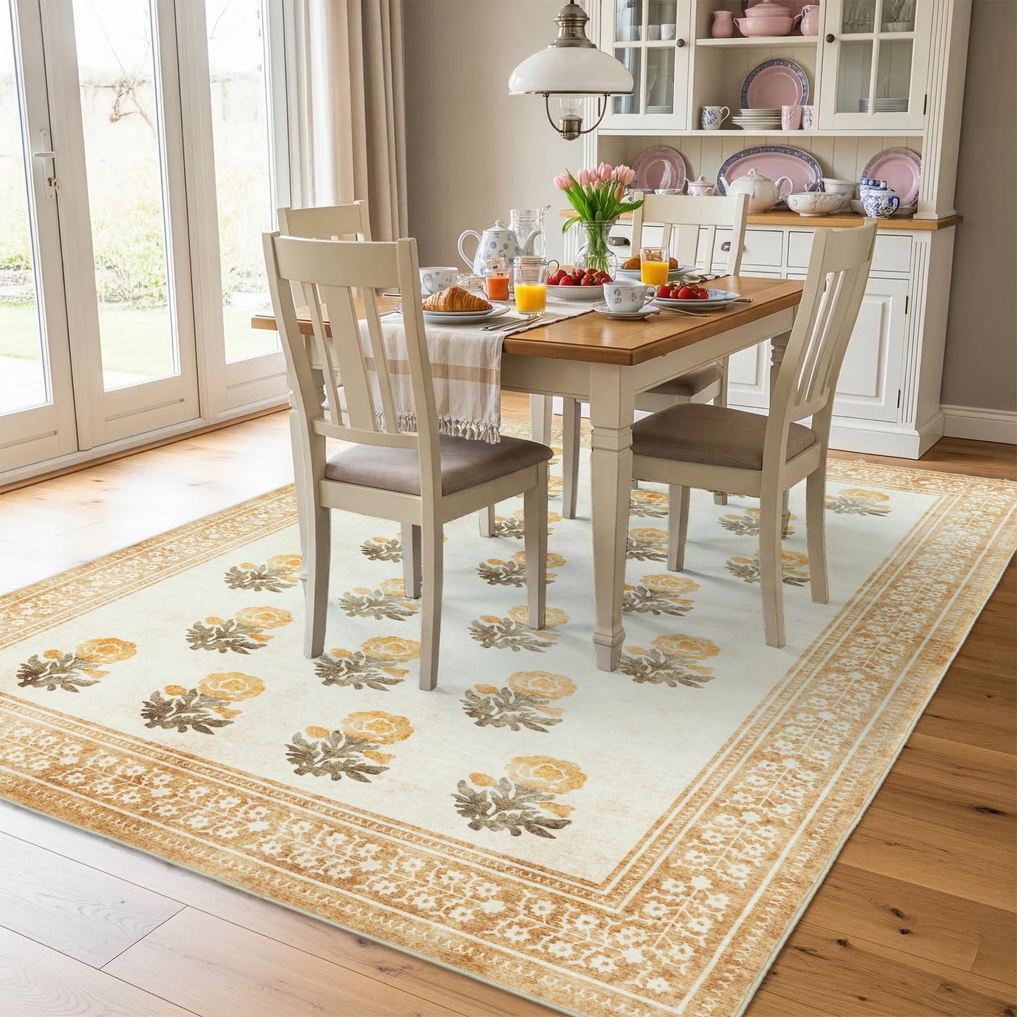 Sparkle Gaze Beige Brown Floral Living Room Rug 5x7 Area Rug - Vintage Washable Rug for Dining Room, Bedroom, Ultra Soft Low Pile Non Slip Stain Resistance Distressed Boho Farmhouse Flower Carpet