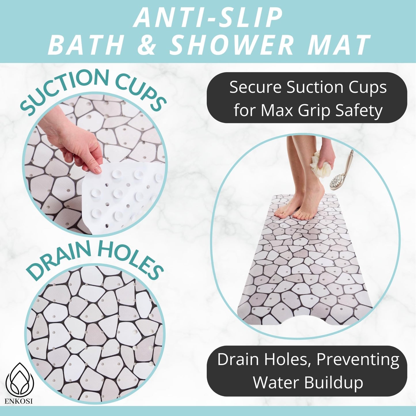 ENKOSI Bath Mat – Large 40 x 16 Inch Non-Slip Bathtub Mat with Secure Suction Cups & Drain Holes – Extra Long Bathroom Shower Mat for Tub with Grey Pebble Design (Grey Pebble 40x16)