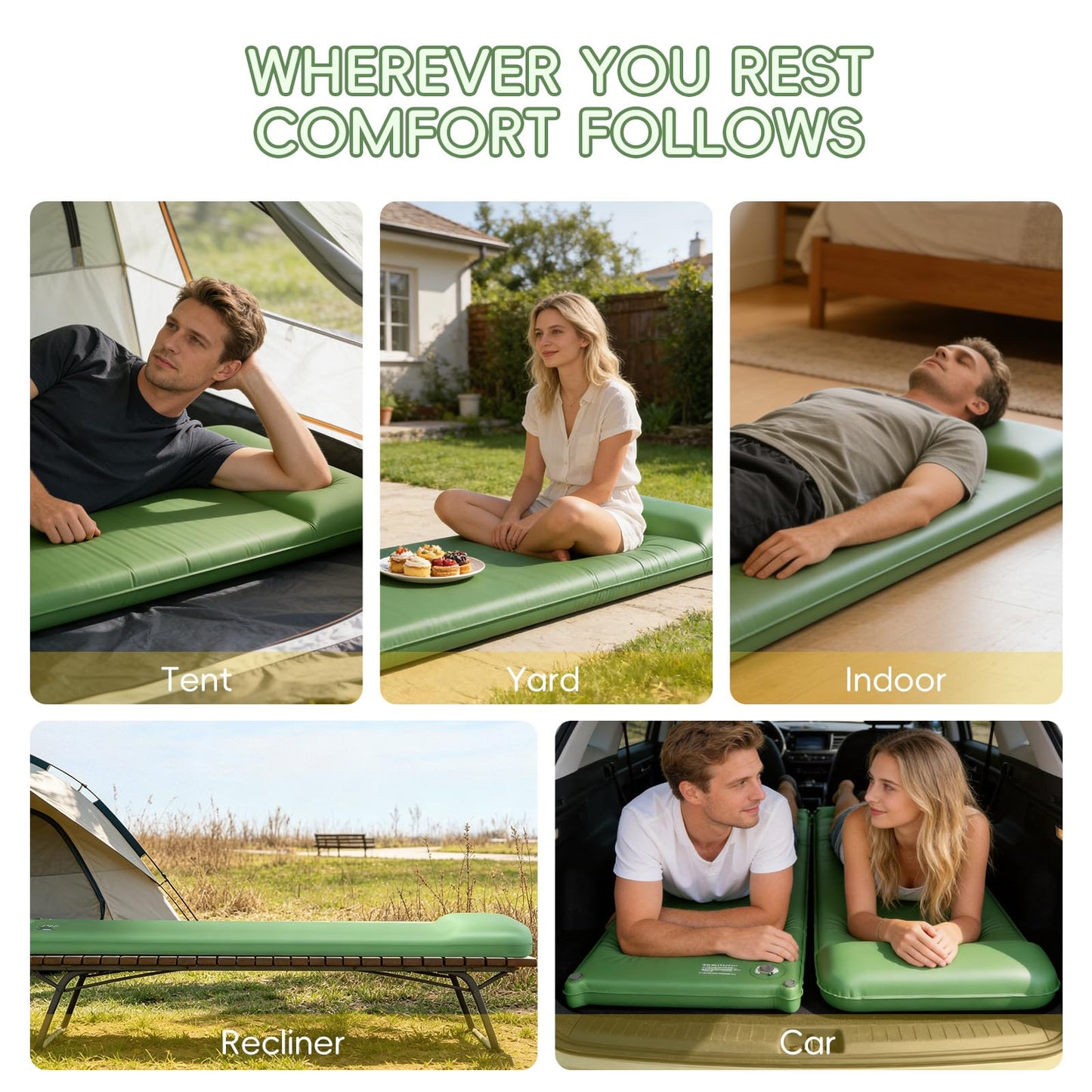 Memory Foam Camping Sleeping Pad, Foldable and Portable Self-Inflating Camping Mattress Pad, 9.5 R-Value Insulated & Quiet Sleeping Mat with Pillow, Compact for Backpacking Hiking Car Traveling Tent