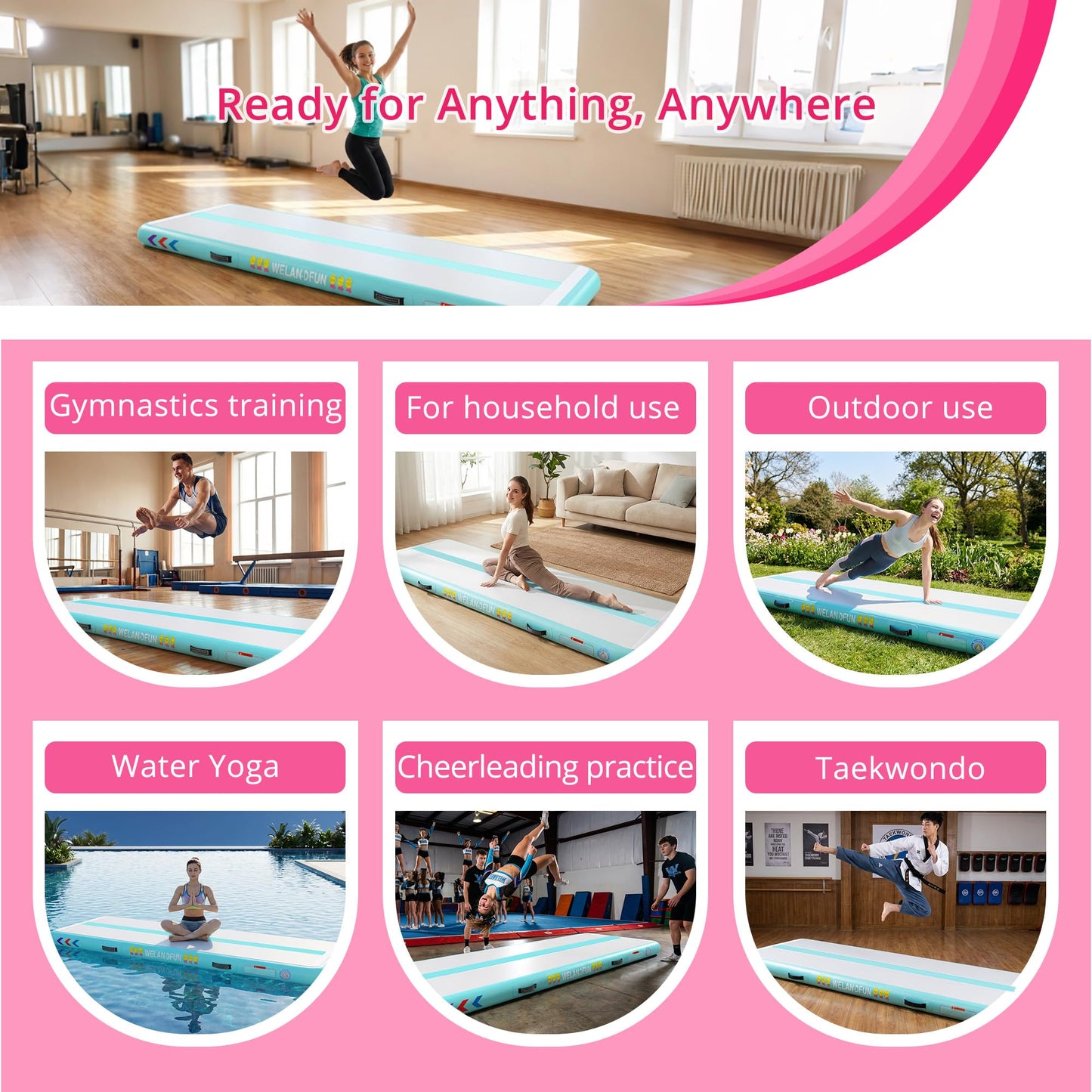 WELANDFUN Air Tumble Track Mat for Gymnastics | 4 / 6 / 8 inches Air Tumbling Mats, 6.56 / 10 / 13 / 16ft Inflatable Gymnastics Mat for Home Use, Training, Cheerleading, Water Yoga with Electric Air Pump (Pink, 10ft x 3.3ft x 6inch)