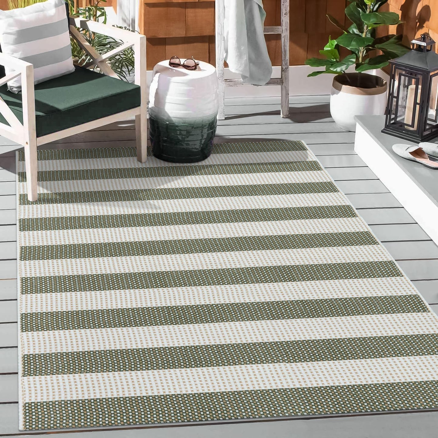 Sungea Striped Outdoor Rug 3x5, Boho Washable Front Porch Rug Cotton Hand Woven Outside Door Mats,Foldable Layered Doormat for Farmhouse/Entryway/Home Entrance(Green and White)