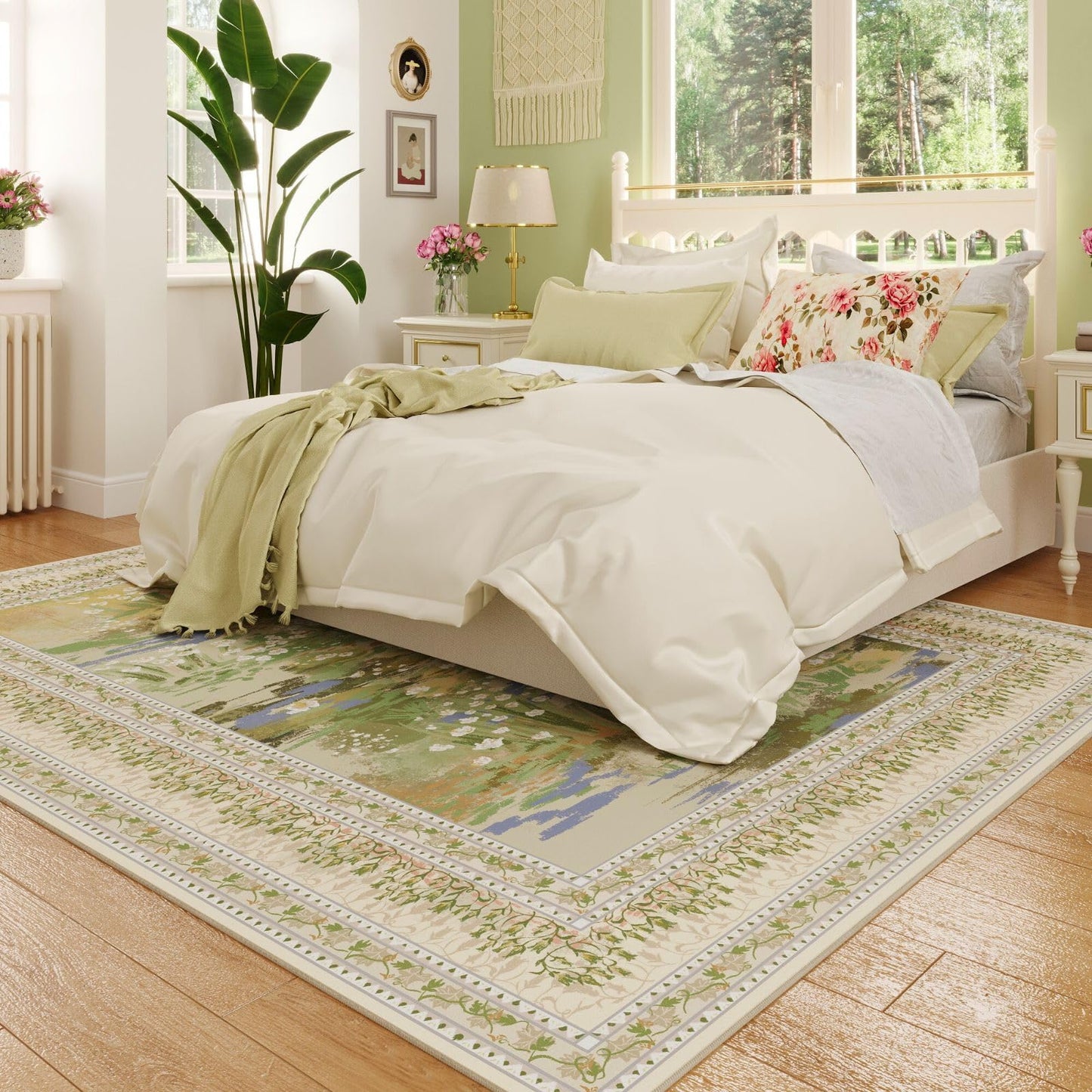 Rugcomf Area Rugs 8x10 Clearance Impressionist-Style Vintage Washable Area Rug Non Slip Low Pile Large Rug for Bedroom Farmhouse Dining Room Kids Playroom, Beige