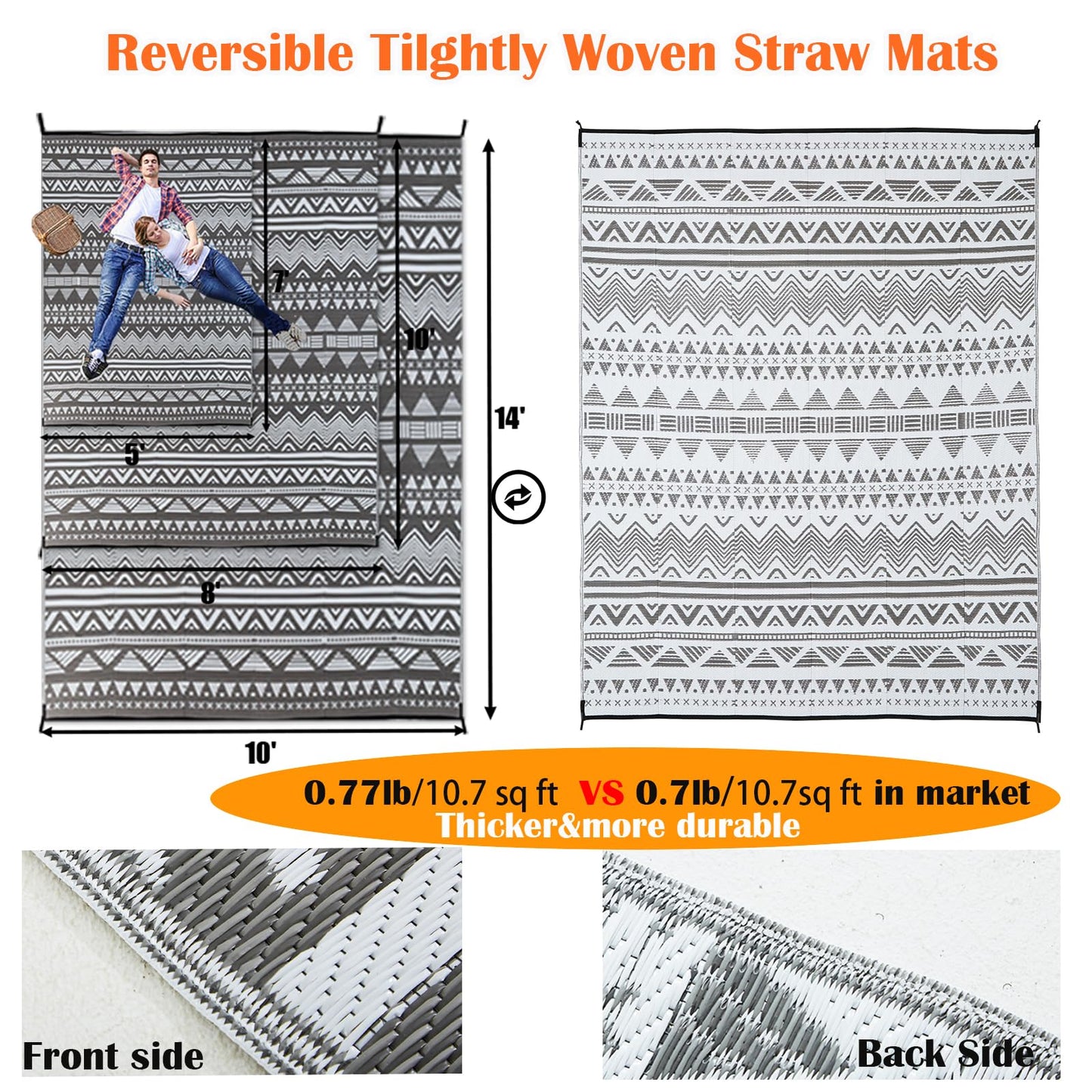 Outdoor Patio Rugs 8x10 Waterproof Outdoor Plastic Straw Rug Reversible Outdoor Rug 8x10 Clearance Rv Mat UV Fade Resistant ,Stain Resistant, Grey White Outside Rug for Deck,Balcony,Camping,Pool