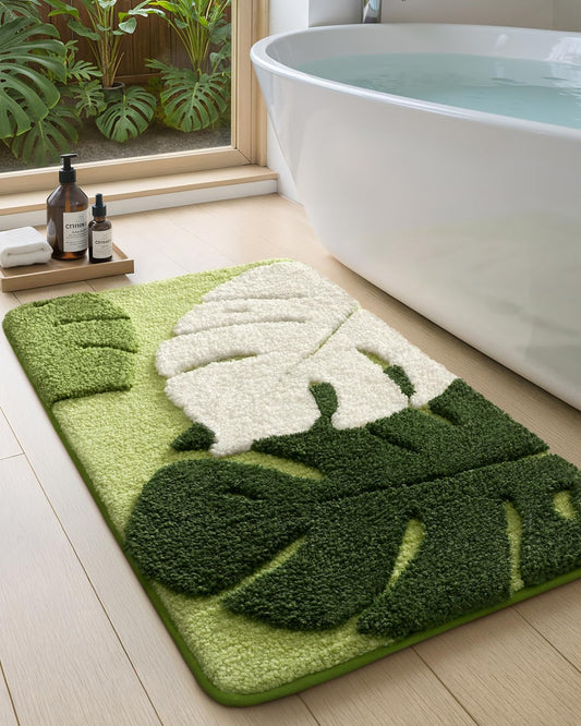 Color&Geometry Cute Leaf Bathroom Rug, Plush Absorbent Non Slip Washable Plant Decor Bath Mat, Ideal for Shower Sink, Bathtub Floor, Bedroom, Kids Room, 17"x30", Green