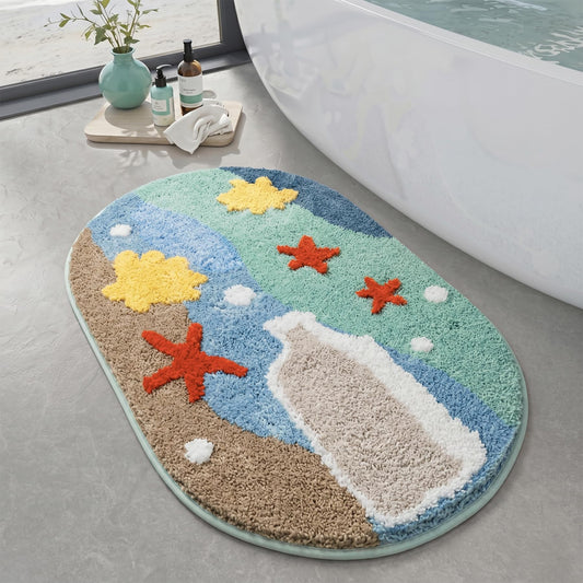 ORTIGIA Coastal Beach Bathroom Rugs Non Slip Washable, 20x32 Oval Soft Microfiber Sea Bath Mat, Quick Dry Absorbent Shower Rug for Bathroom Floor Tub Shower Sink