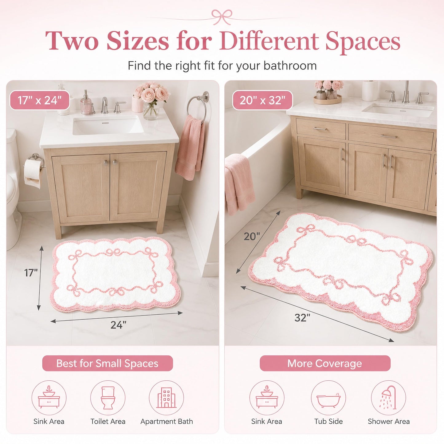 Softania Pink Scalloped Bow Bathroom Rug - 20x32 Inch Cute Coquette & Preppy Bath Mat for Apartment, Vanity & Dorm, Soft Plush Microfiber Mat, Non-Slip & Washable