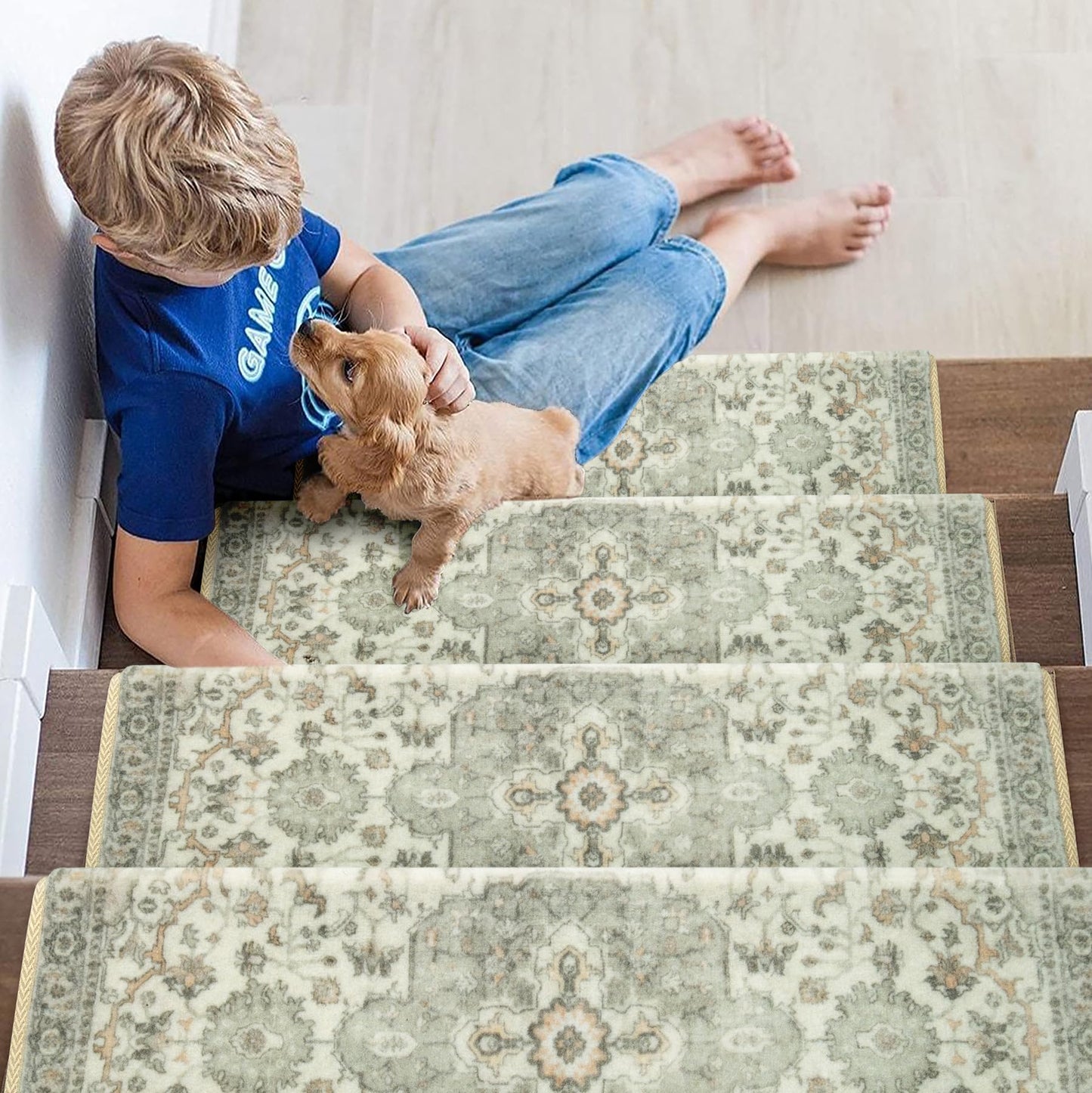 Brakki Bullnose Non-Slip Stair Treads for Wooden Steps, Carpet Stair Treads for Indoor Runner, Pet Friendly Soft Stair Rugs, Edging Stair Protectors Reusable, Washable, 30"x9.5"x1.5" 7pcs, Grey