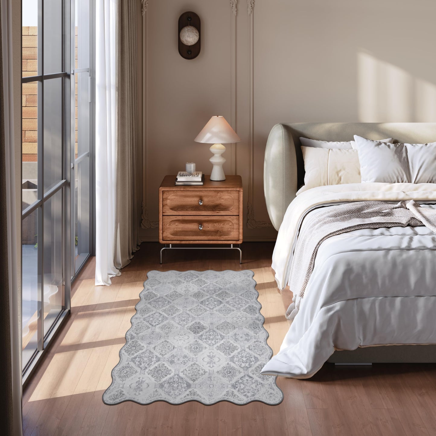 Clemile Moroccan 3x5 Area Rug, Unique Scalloped Ultra-Thin Soft Washable Rug, Non-Slip Stain Resistant Lightweight Low-Pile Carpet for Living Room Bedroom Dining Room Office (Light Grey)