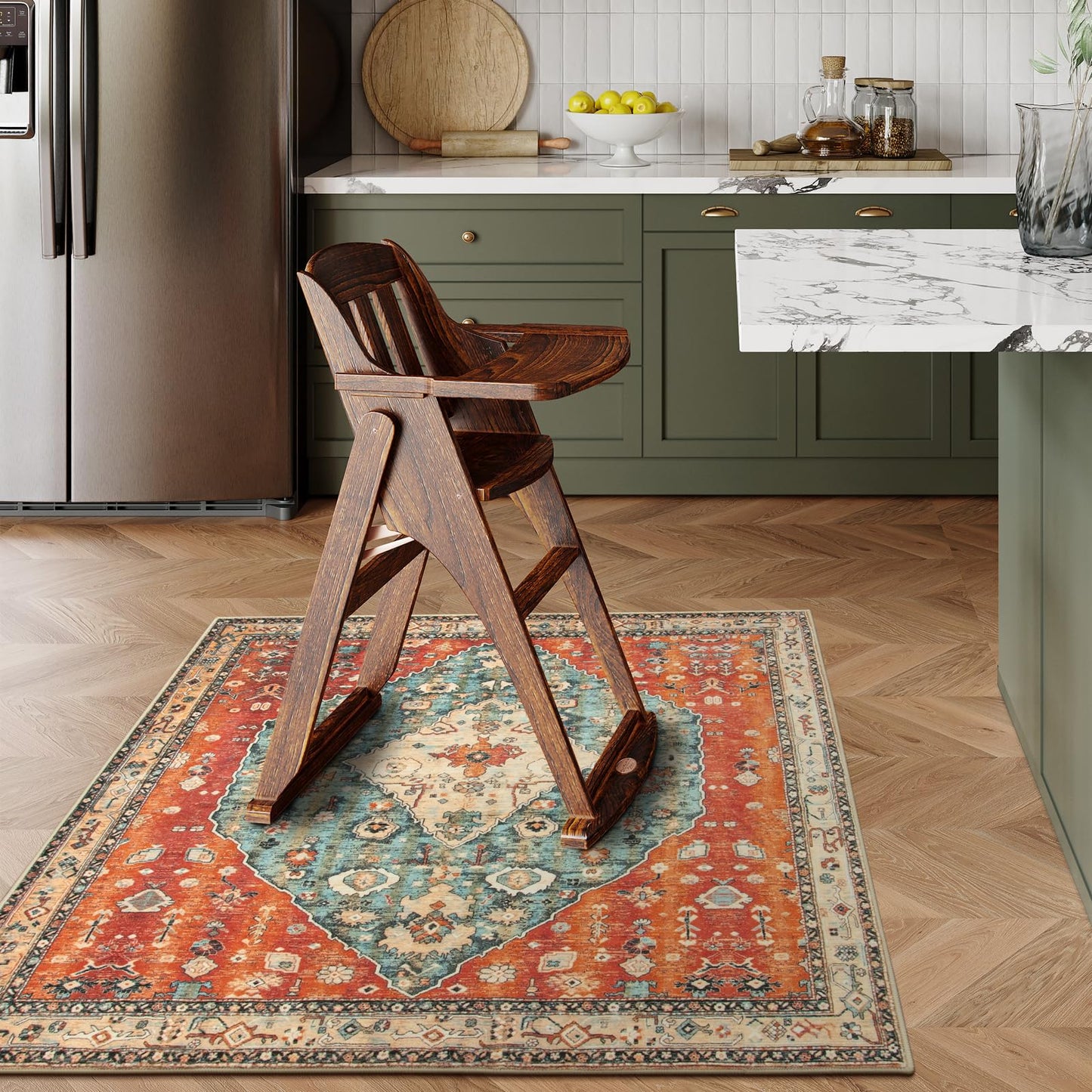 Lahome Felice Boho Tribal Square 4x4 Washable Rug, Soft Living Room Kitchen Entry Rugs with Rubber Backing, Oriental Non-Slip Indoor Throw Bedroom Carpet for Nursery Office (Rust/Dull Teal,4x4ft)