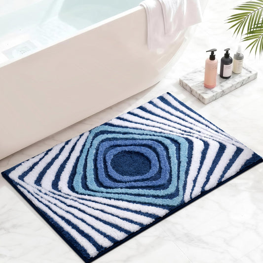 Cevolyn Blue Bathroom Rug, Plush Microfiber Absorbent Funky Non Slip Bath Mat, High Pile Tufted Shower Rug with 3D Striped Pattern, Aesthetic Modern Decor, Machine Washable, 20"x32"