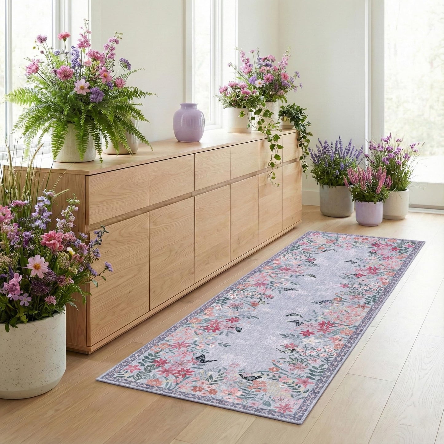 Purple 3x12 Runner Rug for Hallways Bed Side Kitchen, Boho Washable Low-Pile Floor Entryway Long Bathroom Mat, Non-Slip Laundry Room Washstand Front Carpet 36x144 Inch