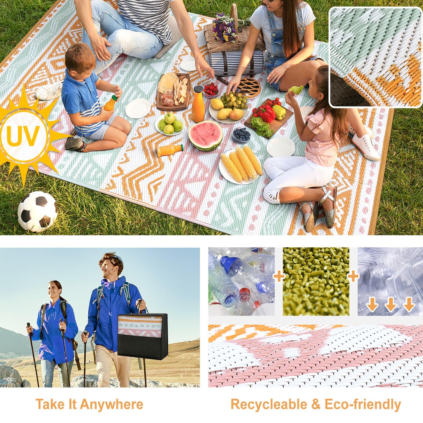 Lahome Outdoor Rug Waterproof, 5x8ft Reversible Outdoor Plastic Straw Rug for Camping Patio, RV Outdoor Rugs Outside, Outdoor Carpet for Porch Deck Backyard Balcony Picnic(Pink/Orange,5'x 8')