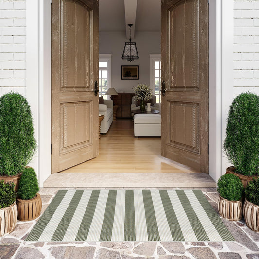 LEEVAN Outdoor Patio Rug 3x5, Washable Striped Front Porch Mat, Spring Colorful Outside Entryway Rug, Woven Welcome Doormat Green and White Buffalo Backyard Layered Mat for Entrance/Go Away/Deck