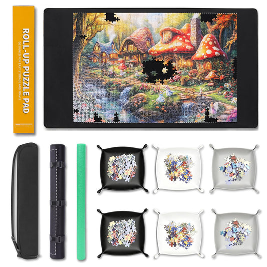 Lwoeo Jigsaw Puzzle Mat Roll Up 1000 Pieces, Smooth Top Saver Pad 34.6" x 22.8" with 6 Sorting Trays & Travel Storage Bag for Sorting Table, Board, Portable Puzzles Matt Rollup Non-Slip Rubber Bottom