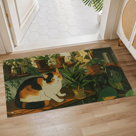 Plistiz Cat and Plants Indoor Door Mat, 17x29.5 Inch, Floor Area Rug for Entryway, Living Room, or Bathroom, Non-Slip Doormat, Charming Botanical Design with Calico Cat Home Decor Rug Gifts