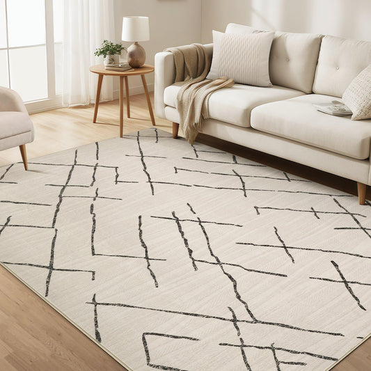kakania 6x9 Washable Area Rug: Non Slip Soft Thin Carpet, Boho Geometric Modern Decor, Easy Clean Indoor Floor Rugs for Living Room Bedroom Kids Dorm Office Dining - Beige