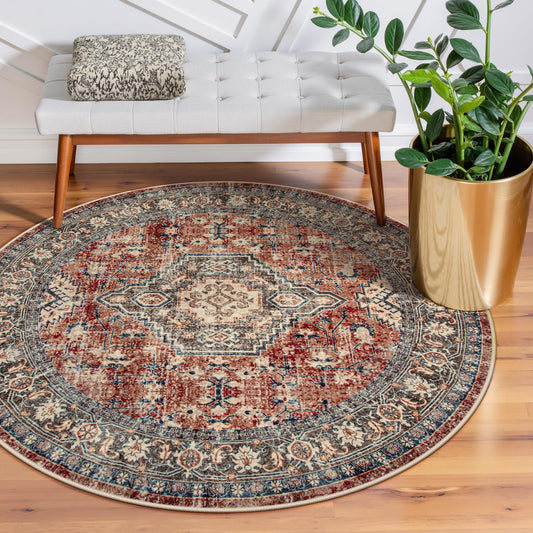 Lahome Oriental Washable Round Rugs, Non-Slip Round Rug 4ft Ultra-Thin, Vintage Soft Small Circle Carpet for Entryway Kitchen Bedroom Nursery Bathroom Eleanor, Brick Red