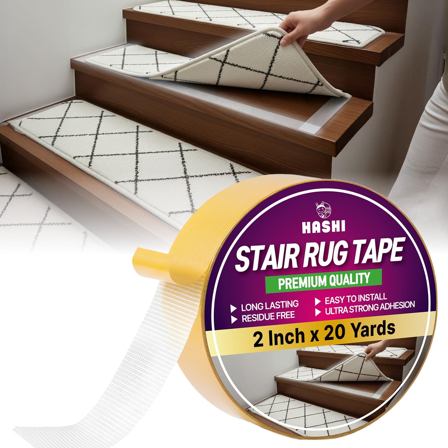 HASHI Double Sided Stair Tread Tape (2" x 20 Yards), Heavy Duty Non Slip Rug Gripper for Carpet & Runners, Safe for Hardwood Floors