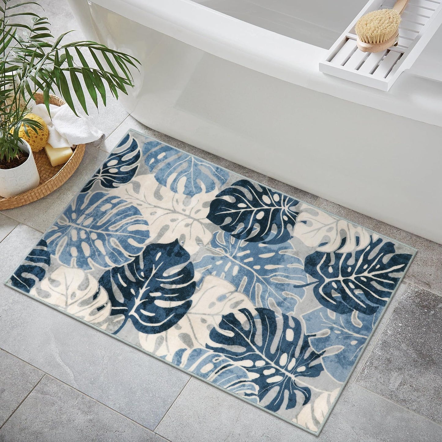 Wonnitar Leaf 2x3 Kitchen Rug, Small Bathroom Blue Rug, Washable Bedside Accent Mat, Monstera Plant Coastal Non-Shedding Soft Entryway Floor Carpet for Laundry Room Entrance Bath