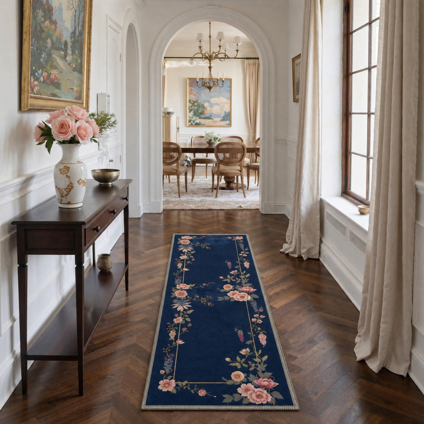 GENIMO 8X10 Area Rugs for Living Room, Machine Washable Non Slip Stain Resistant Low Pile Rug, Floral Border Soft Rugs for Bedroom, Dining Room, Home Office, MidnightBlue