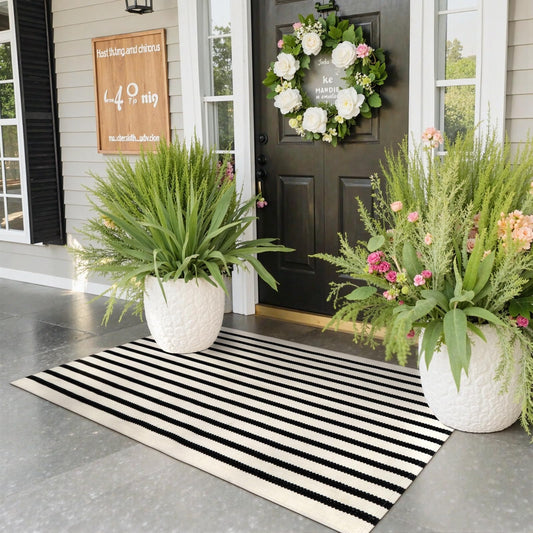 Collive Black and White Outdoor Rug Door Mat 24"x 51", Cotton Woven Striped Front Doormat, Washable Front Porch Outdoor Decor for Farmhouse Front Door Layered Kitchen Porch