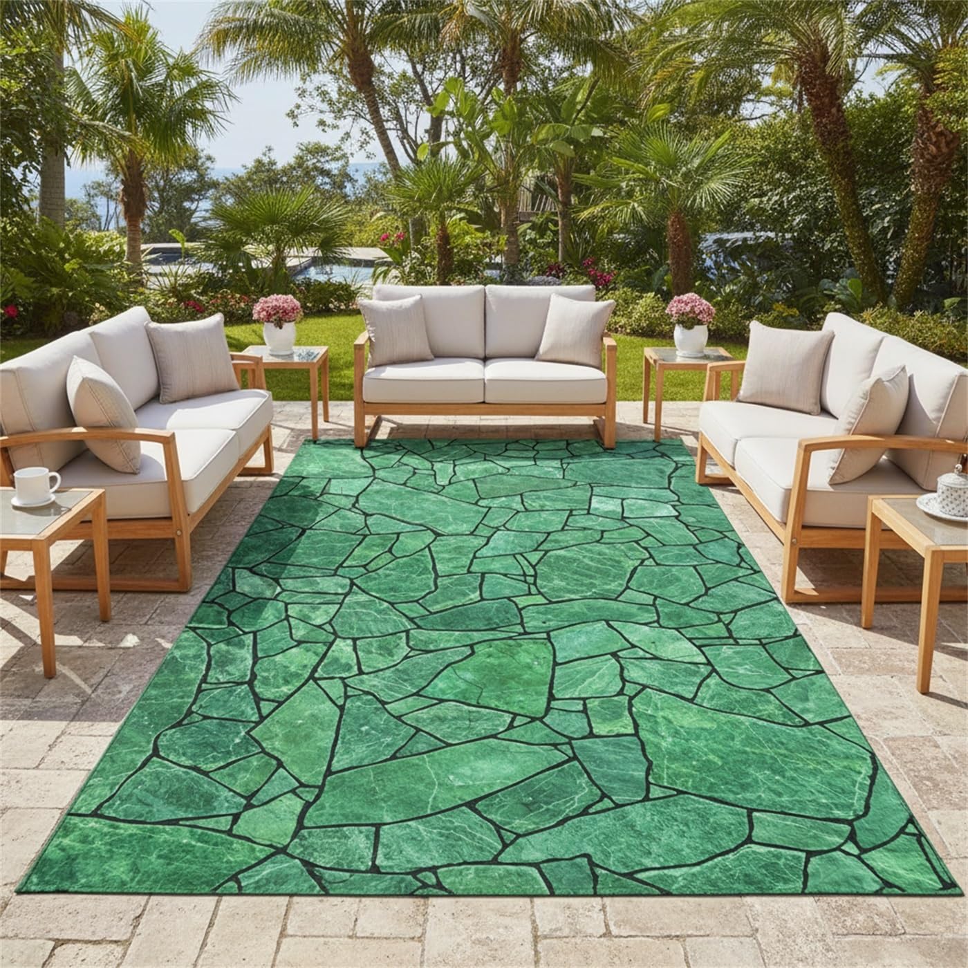 Emerald Green Irregular Stone Pattern Area Rug 2x3 Rustic Outdoor Waterproof Rugs for Porch Patio Deck Backyard Non Skid Thin Low Pile Outside Large Carpet Balcony Foyer RV Mats Front Yard Rug