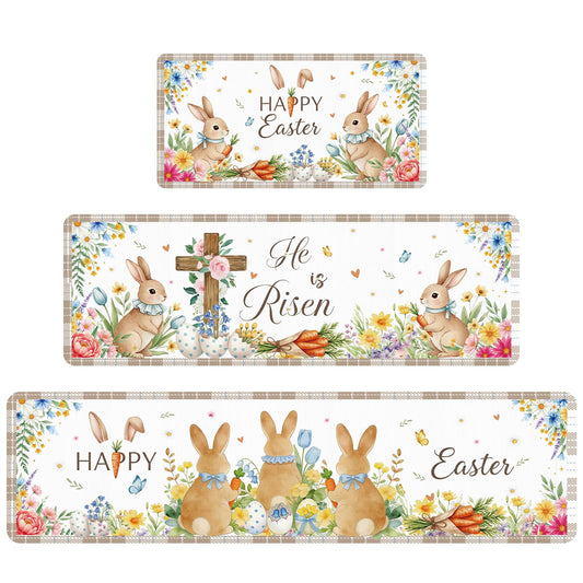 VISSTREE Happy Easter Kitchen Rugs Set of 3, Cute Bunny Egg Non Slip Kitchen Mats, Washable Rabbit Christian Floor Decor for Indoor Outdoor Spring Seasonal Holiday Farmhouse Home Decorations