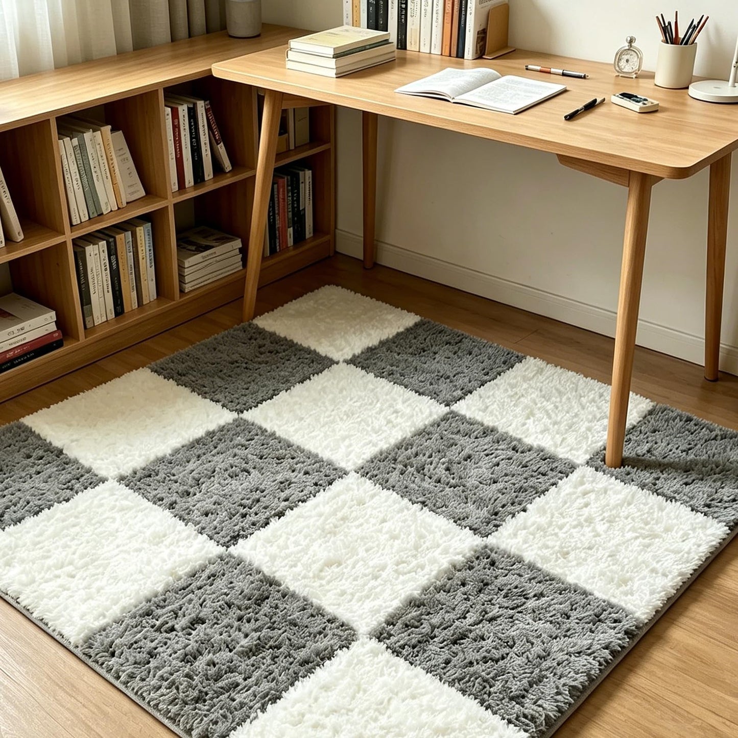 12 Pcs Soft Plush Interlocking Foam Floor Mats, Thick Puzzle Play Mat Tiles, Non Slip Carpet Tiles for Bedroom,Nursery,Living Room, DIY Area Rug Floor Padding(12" x 12" (Square), Blue+Grey)