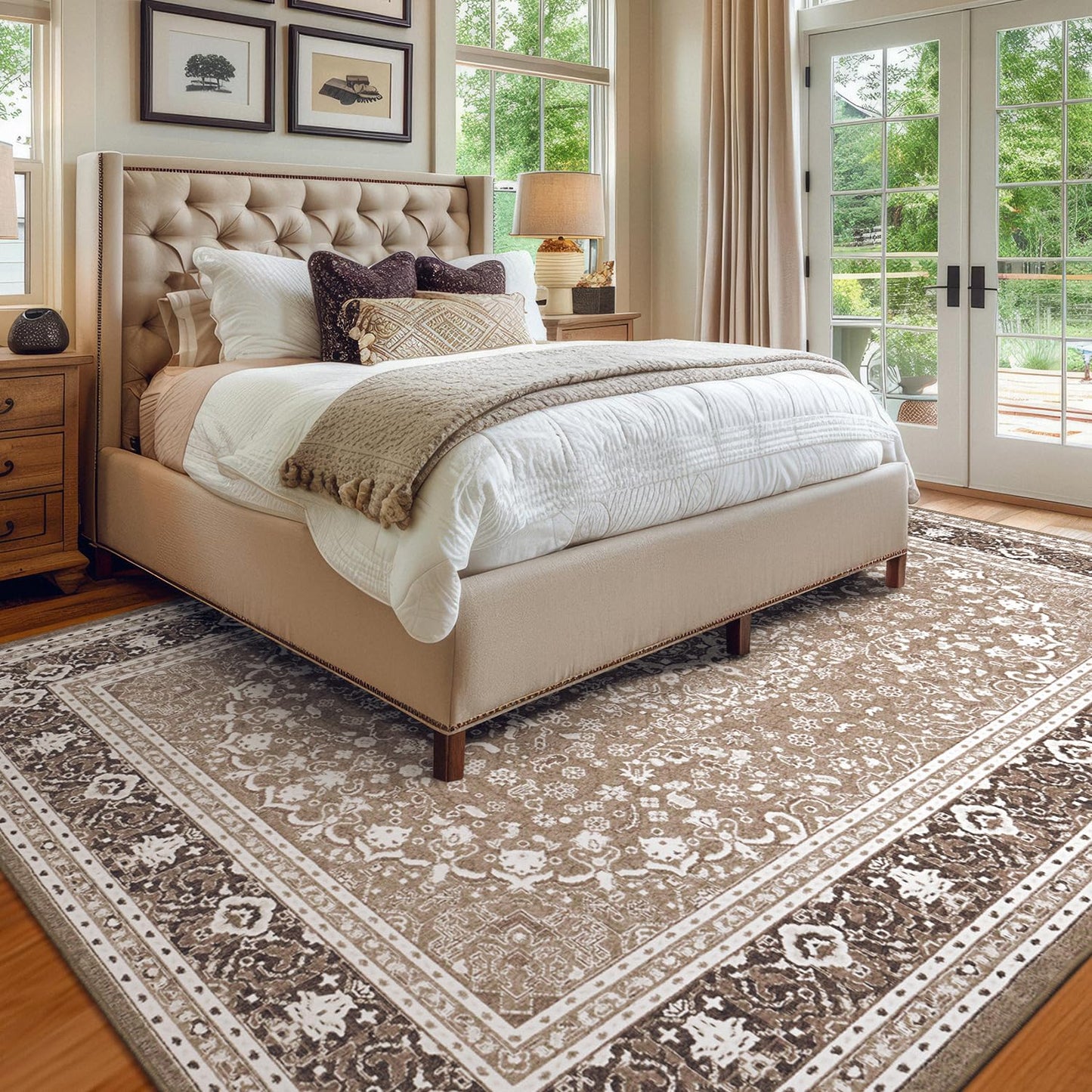 Lessymo 5x7 Area Rugs 5x7, Machine Washable Area Rugs, Super Soft Faux-Wool Area Rug for Living Room Bedroom, Boho Area Rug Vintage Floral Medallion, Non-Slip Low Pile, Kid & Pet Friendly,Brown White