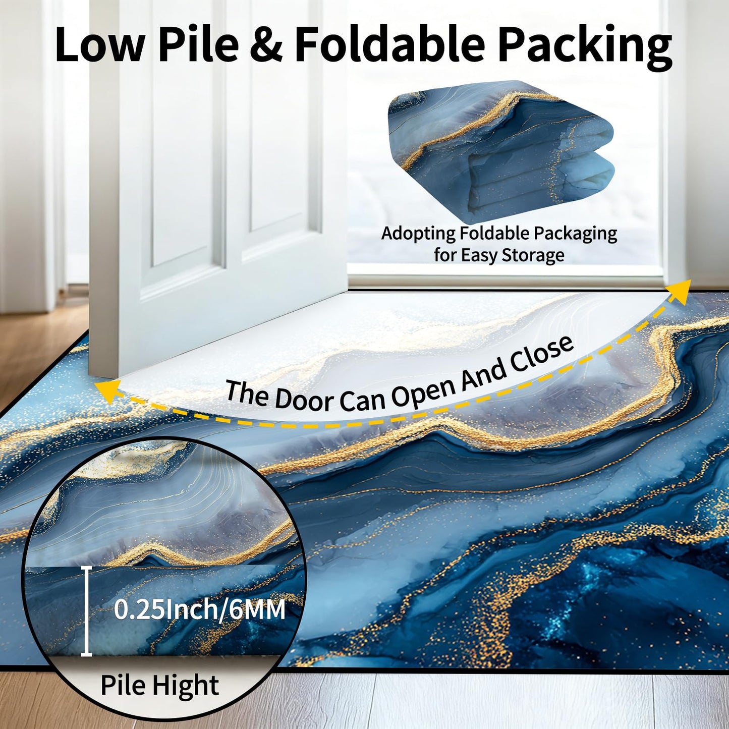 kxry Marble Pattern Area Rug in Blue Gold 4x6 for Bedroom Living Room Dining Room Non Slip Washable Low Pile Rug for Entryway Kitchen Doormat Indoor Floor