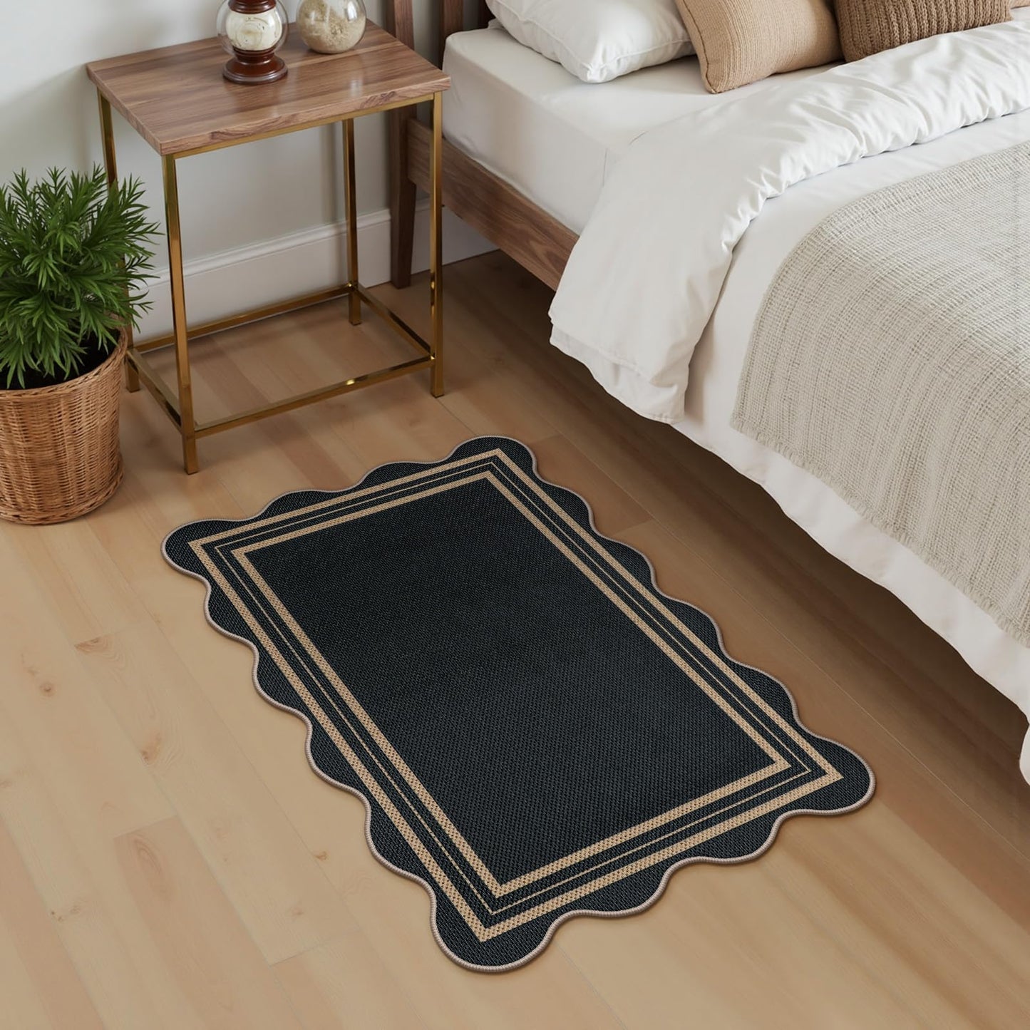 LORWER Easy Jute Black Kitchen Rug, 2x3 Front Door Mat Washable Non Slip Small Entryway Rug, Indoor Outdoor Farmhouse Scalloped Doormat for Bathroom Doorway Porch