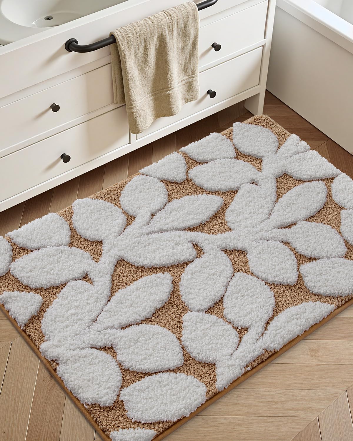 DEXI Bathroom Rugs 32x20, Boho White Leaf Bath Mat, Non Slip Washable Absorbent Quick Dry Bath Rugs, Extra Soft Plush Microfiber Bathmat for Shower Floor, Tub, Sink, Brown