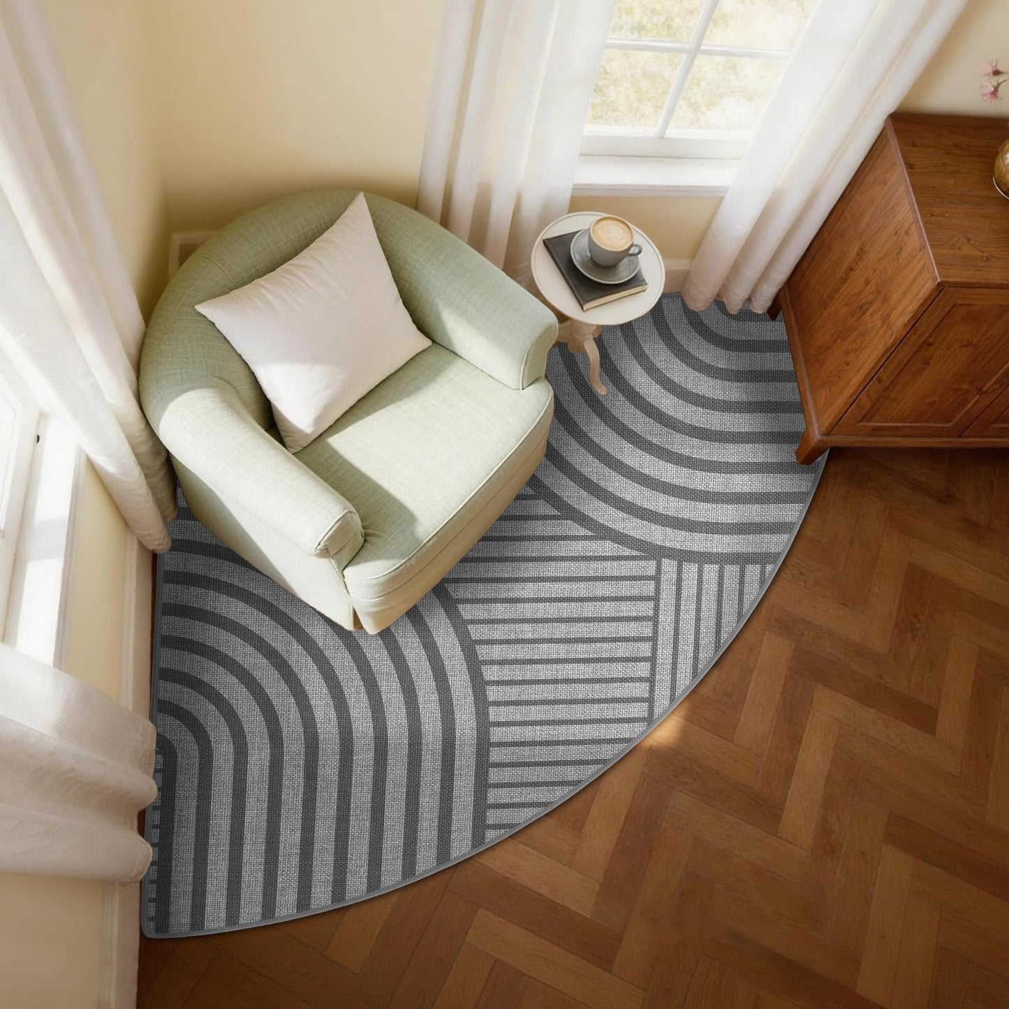 Carvapet Corner Kitchen Rug for Sink Area, Non Slip Washable Absorbent Sector Floor Mat with Rubber Backing, Imitation Linen Braided Kitchen Carpet, Radius 47", Grey