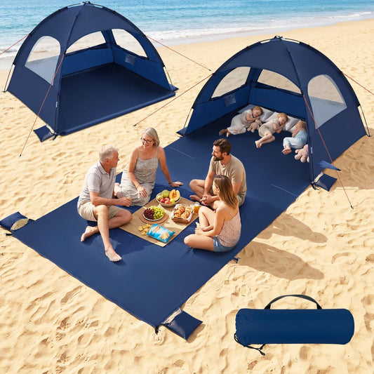 Beach Tent Sun Shelter- with 114 x 82” Extended Mat for 3-6 Person,UPF 50+ UV Protection,Easy Setup Beach Shade Canopy,Portable Camping Sun Shelters with 3 Mesh Window for Family Picnics Fishing