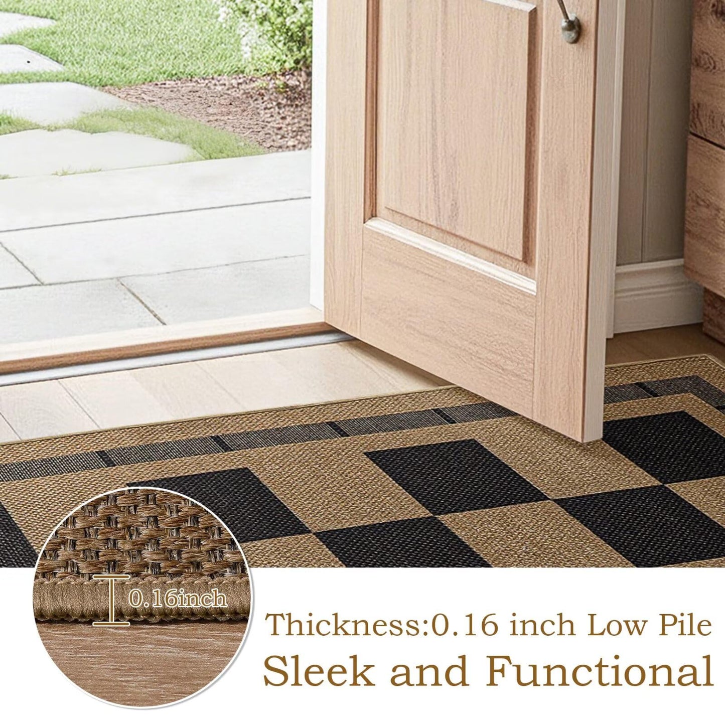 3x5 Outdoor Rug, Jute Checkered Rugs, Patio, Entryway, Balcony, Porch Indoor Plaid Carpets, Washable Bedroom Kitchen Carpet, Non Slip Farmhouse Neutral Laundry Office Floor Mat, Black and Brown
