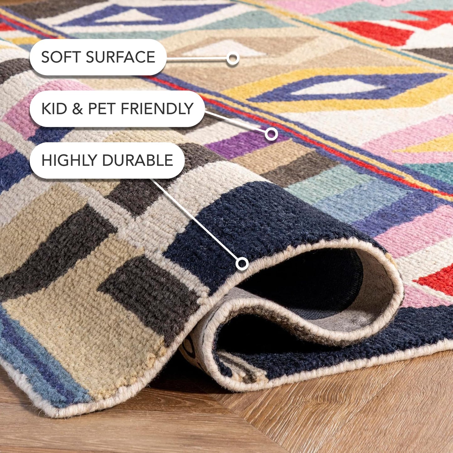 Nuloom Ofelia Handmade, Multicolor/Black, 4' x 6', Geometric, Wool, Soft and Cozy, High Traffic, Stain Resistant, Easy Clean, Durable Runner for Bedroom, Living Room, Dining, Den, Foyer