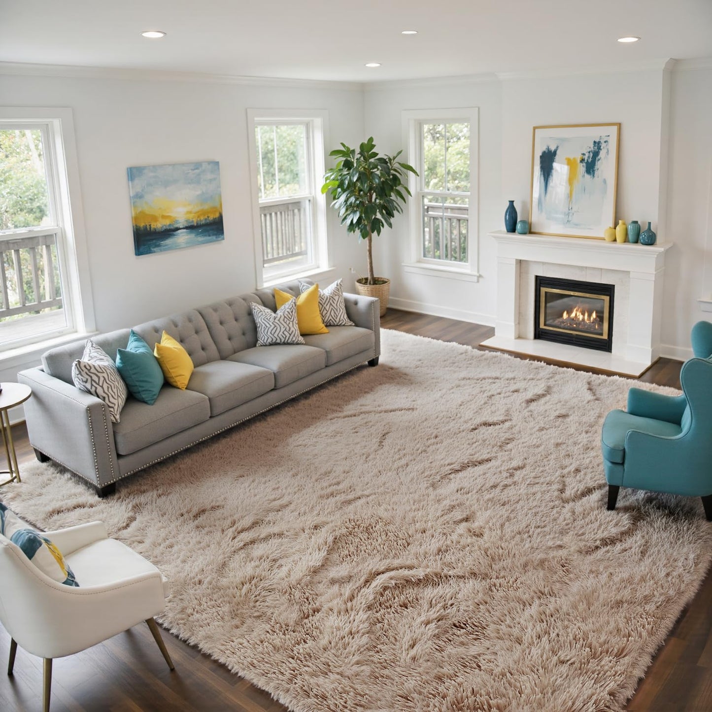 yongyangjuxin Fluffy Rug Shag Area Rug, Beige 8x10 Area Rugs for Living Room, Large Shag Area Rugs for Bedroom Room Home Decor, Upgrade Anti-Skid Rectangular Fuzzy Rugs