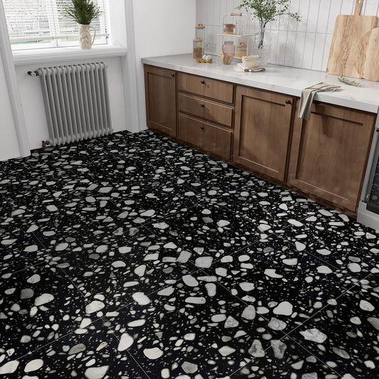 VaryStyle Waterproof Vinyl Flooring Terrazzo Peel and Stick Floor Tile 12"x12" Black and White Vinyl Floor Tiles Self Adhesive Removable Stick on Tile for Kitchen Basement Bathroom Flooring 6-Sheet