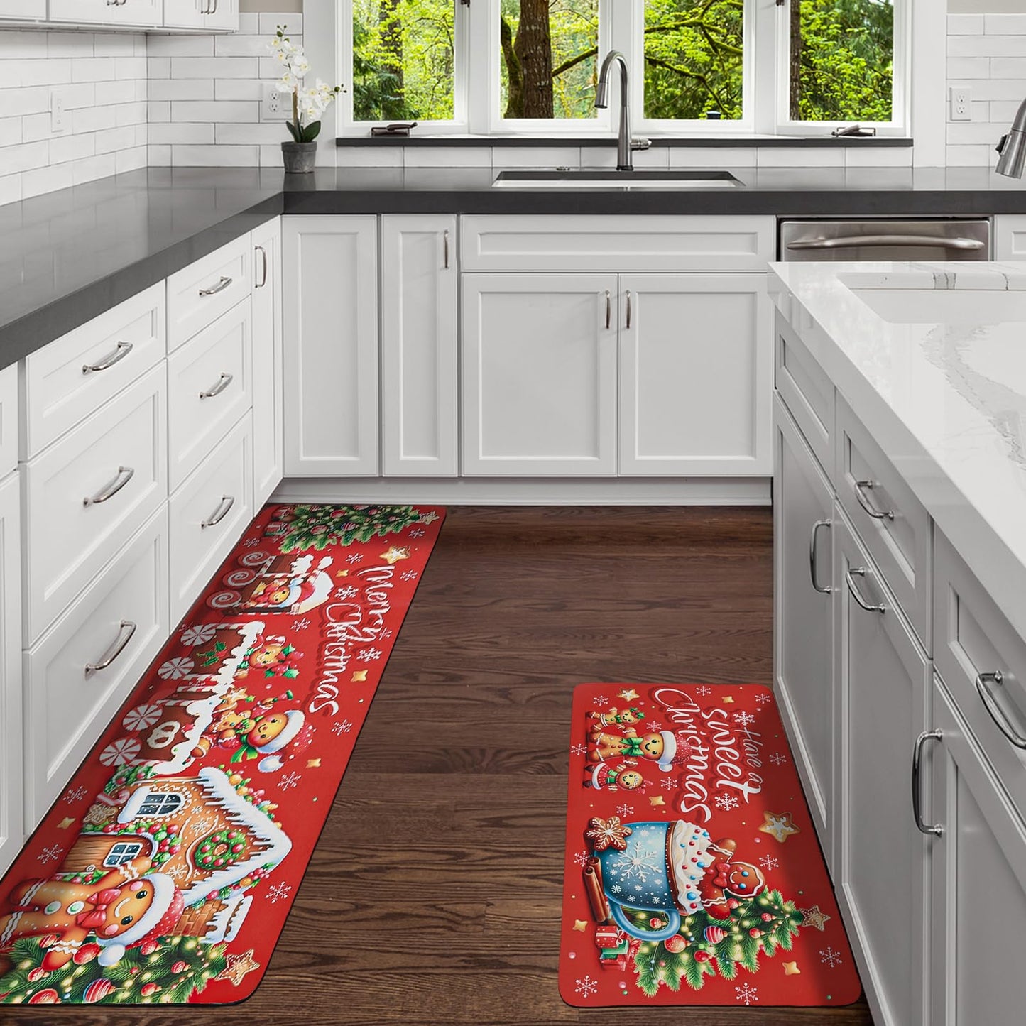 Gingerbread Man Christmas Kitchen Rugs Mats Decorations Set of 2 Winter Holiday Sink Floor Mat Carpet Non Slip Absorbent Funny Kitchen Rug Farmhouse Floor Mat Decor 17x30 and 17x47 Inch