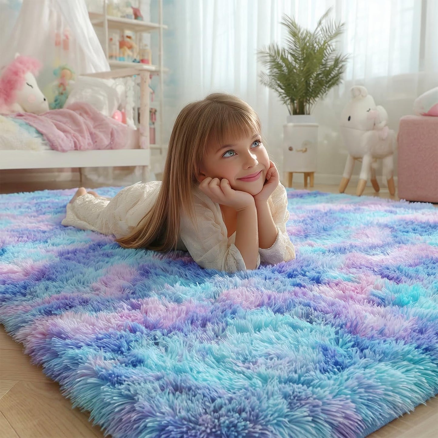 PAGISOFE Cute Furry Pastel Rug for Girls Bedroom, Soft Adorable Rainbow Purple Tent Rugs for Livingroom, Kid Room,Playroom Nursery Home Decor,Plush Mermaid Kawaii Rug Fluffy Carpet 4x6 Area Rug Sturdy