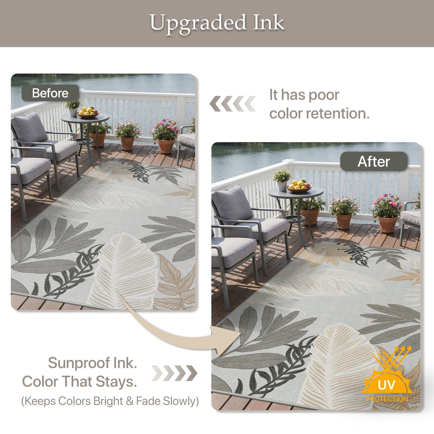 GENIMO Outdoor & Indoor Area Rug 5'x8', Waterproof, Non-Shedding, Easy Cleaning, Leaf Mat for Patio, Living Room, Balcony, Dining Room, RV, Deck, Bedroom, Camping, Outside Carpet, Sand Grey